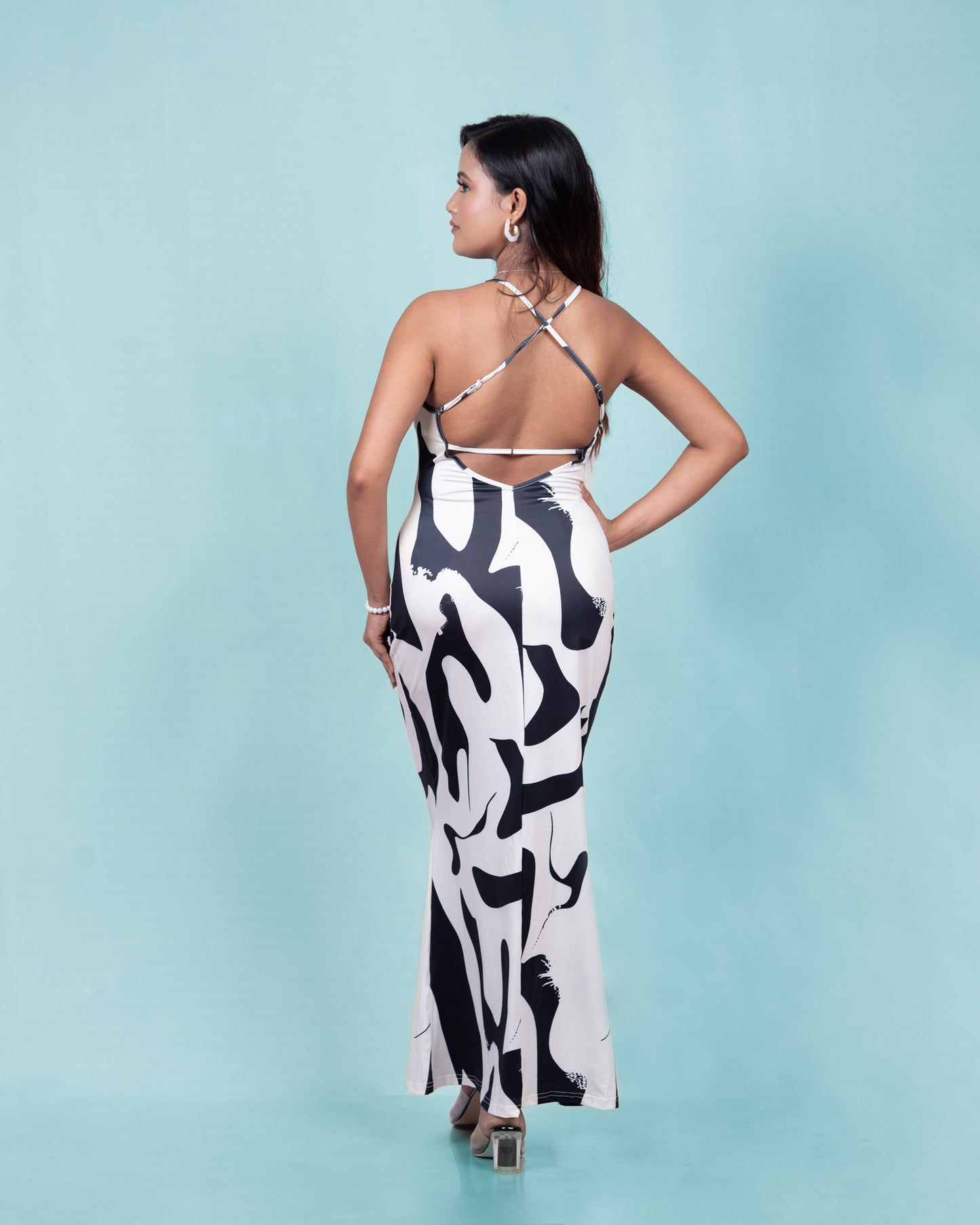 Black and White Abstract Printed Long Dress