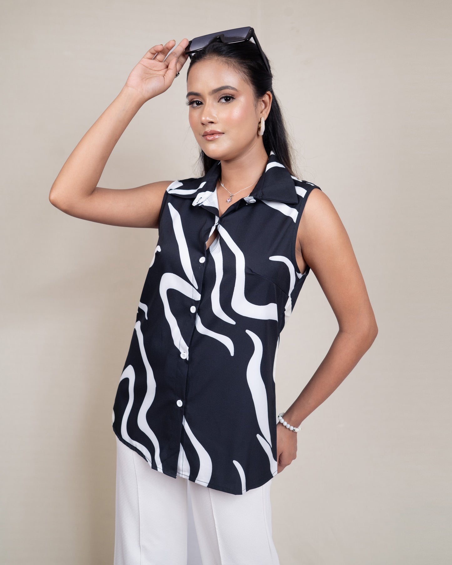 Zebra Print Sleeveless Button-Up Shirt