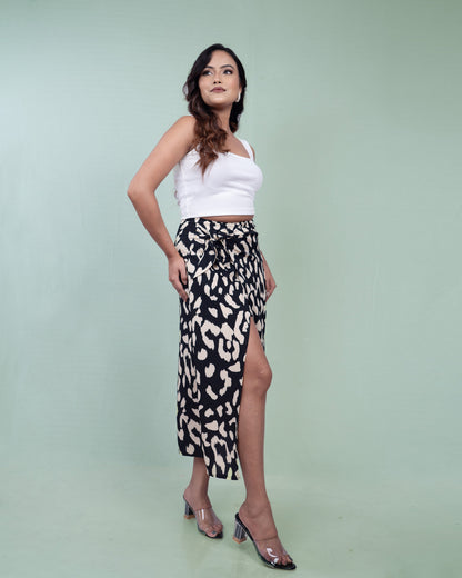 Abstract Print High-Slit Midi Skirt