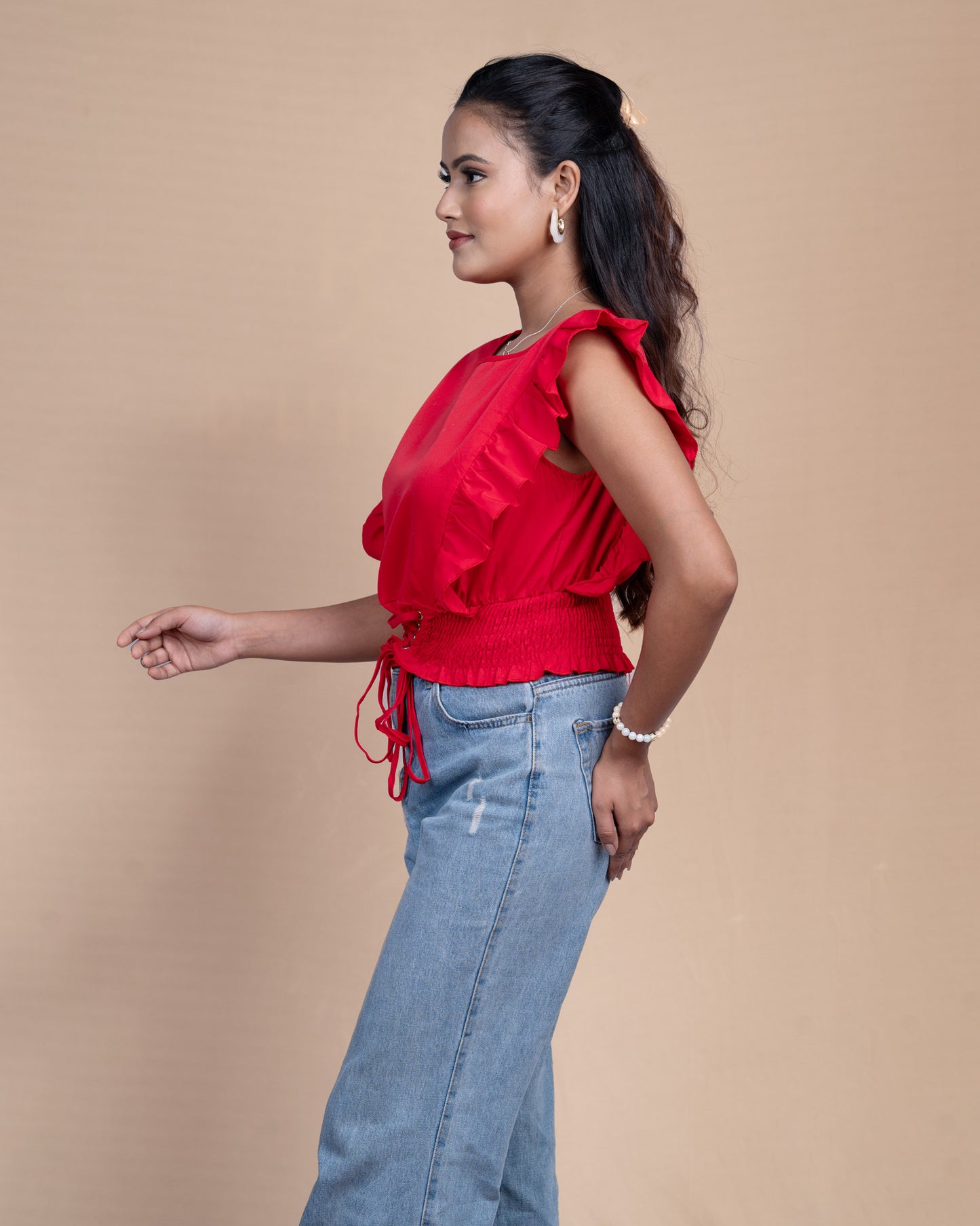 Lace Up Front Ruffle Trim Crop Top