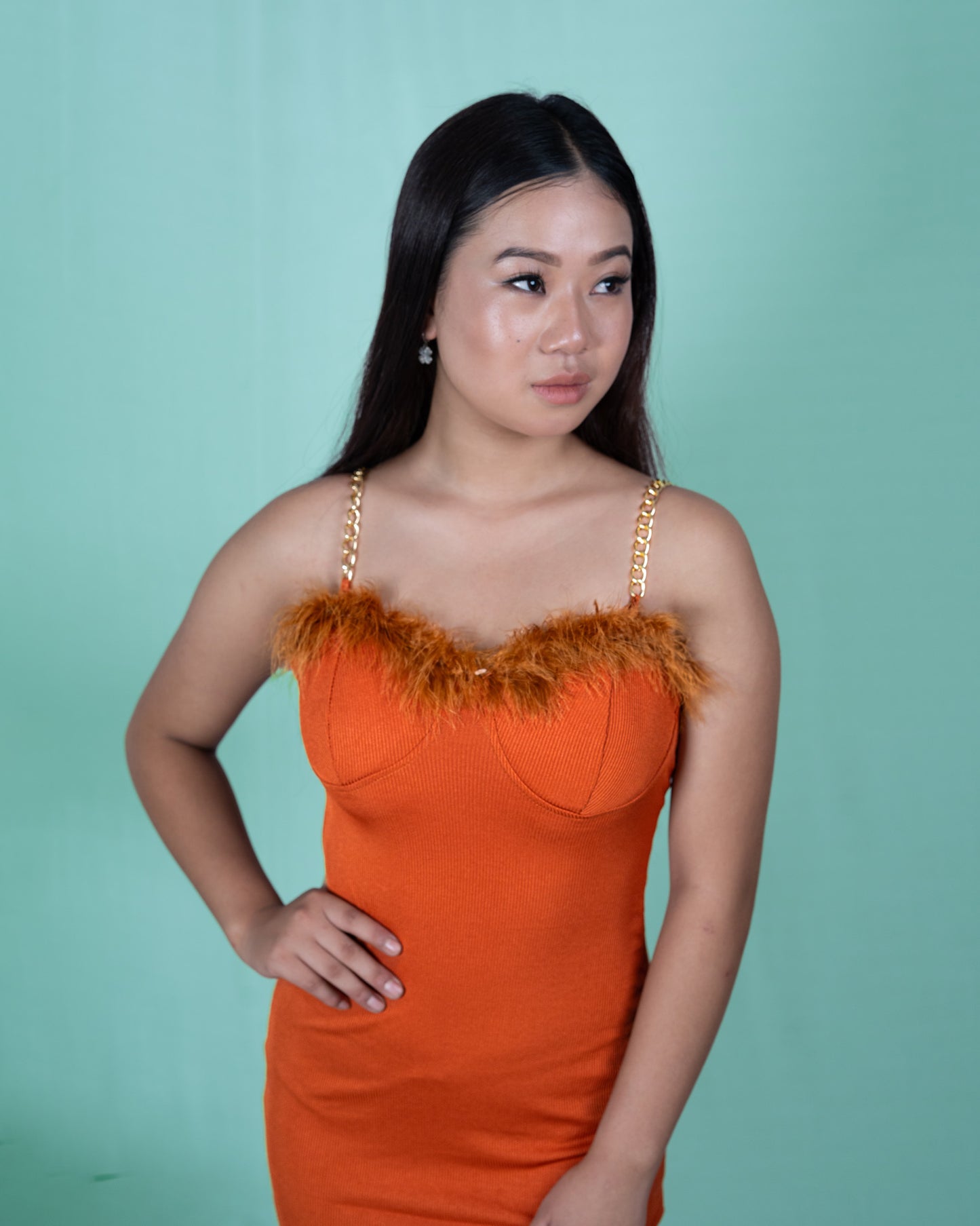 Ember Glow Feather Strap Bodycon Dress