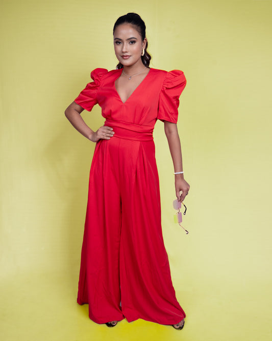 Scarlet Elegance Puff-Sleeve Jumpsuit