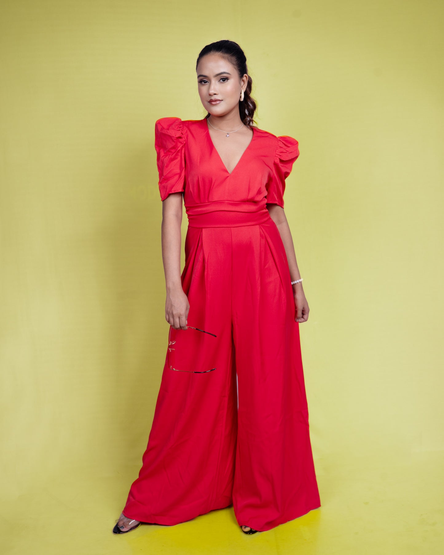 Scarlet Elegance Puff-Sleeve Jumpsuit