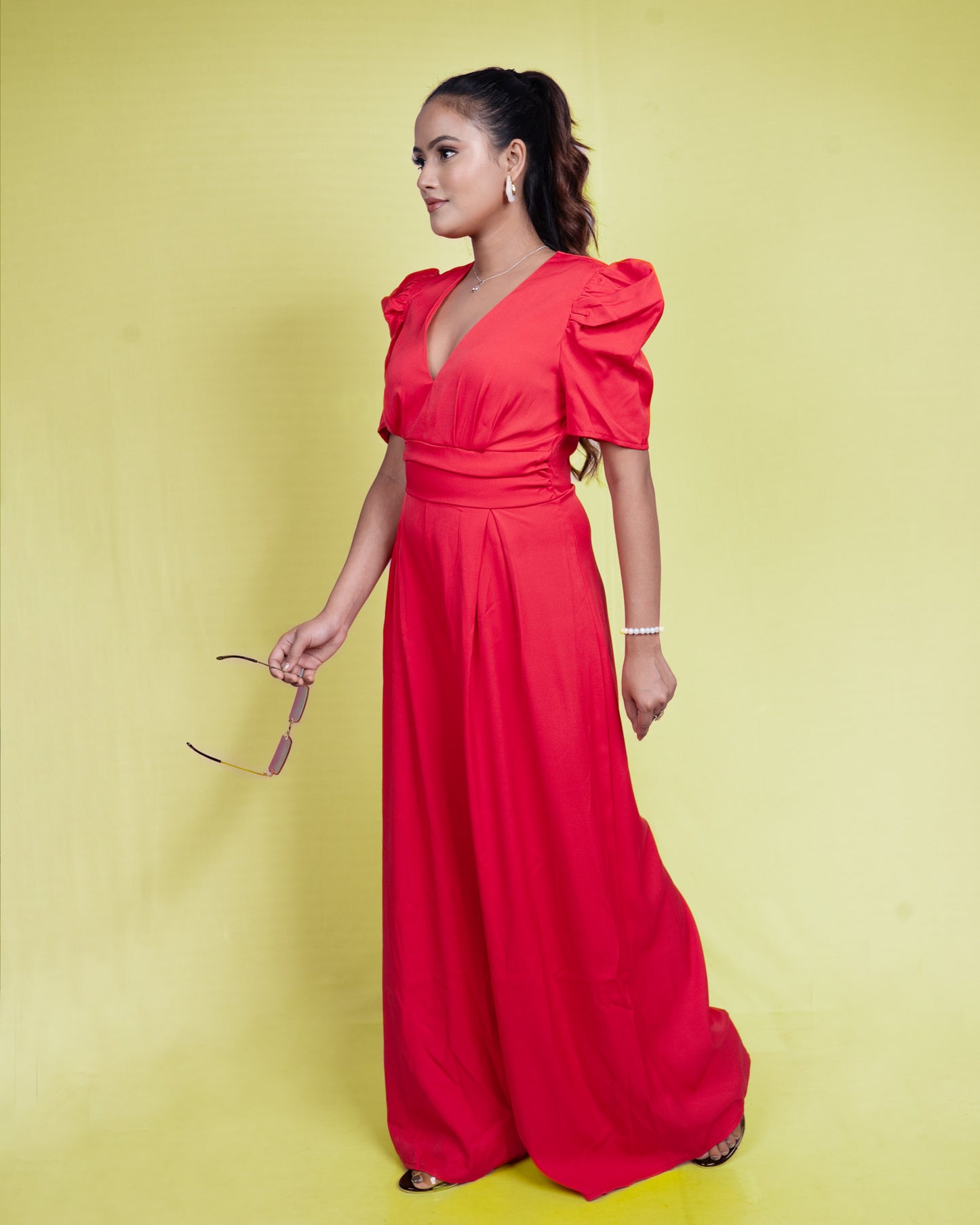 Scarlet Elegance Puff-Sleeve Jumpsuit