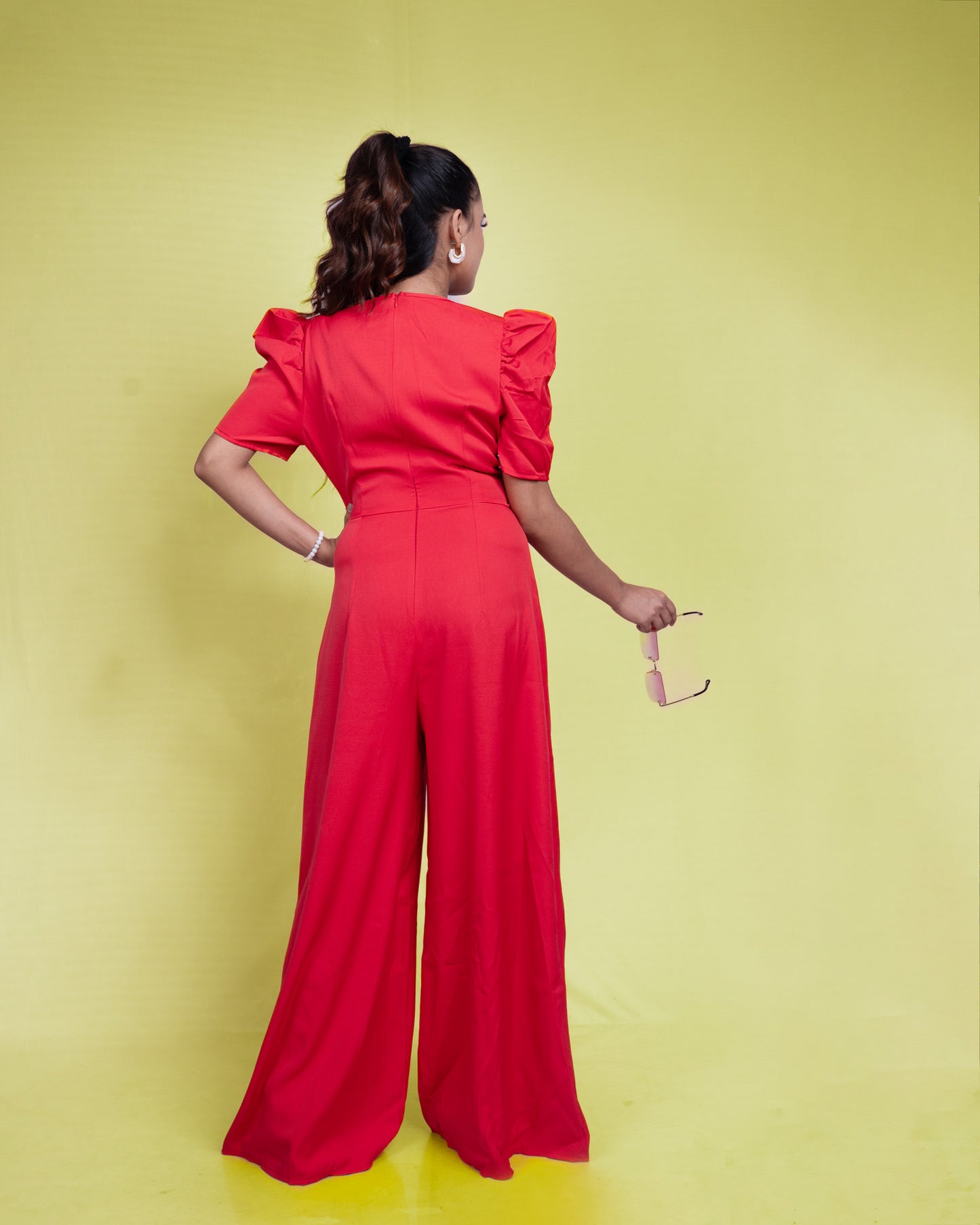 Scarlet Elegance Puff-Sleeve Jumpsuit