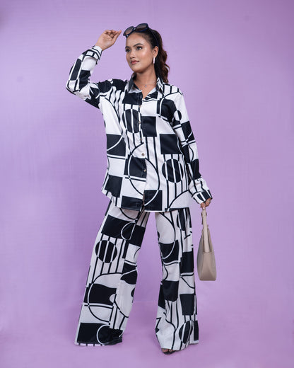 Black and White Geometric Printed Shirt and Wide-Leg Pants Set