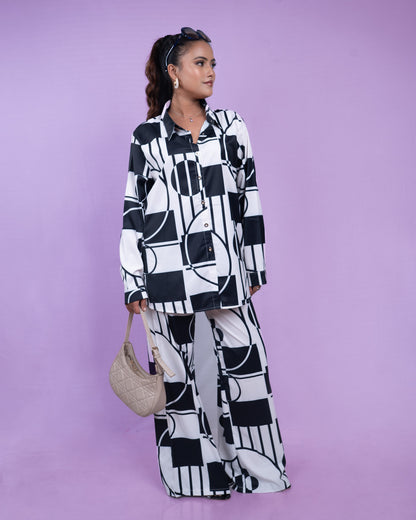 Black and White Geometric Printed Shirt and Wide-Leg Pants Set