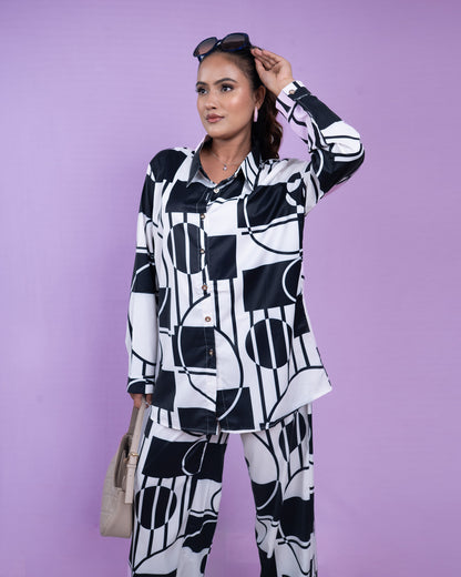 Black and White Geometric Printed Shirt and Wide-Leg Pants Set