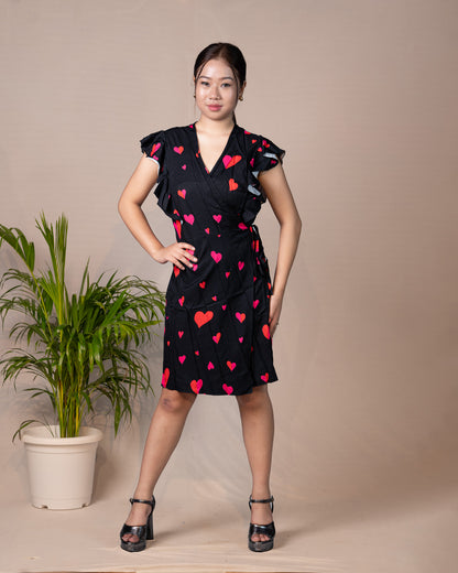 Sweetheart Flounce Sleeve Heart-Printed Dress