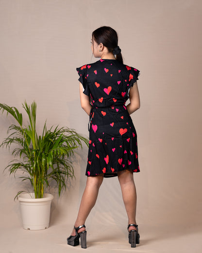 Sweetheart Flounce Sleeve Heart-Printed Dress