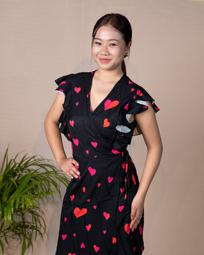 Sweetheart Flounce Sleeve Heart-Printed Dress