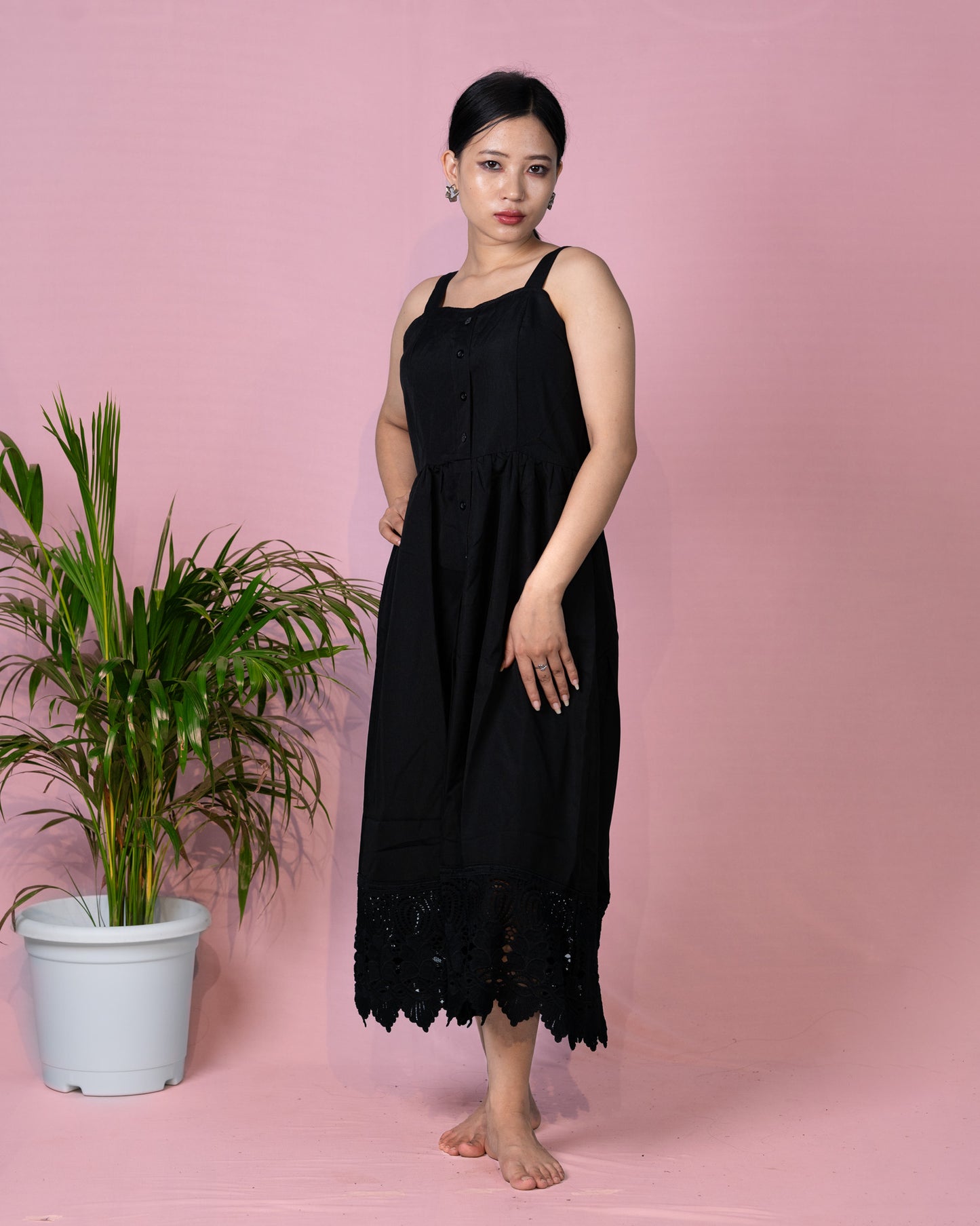 Midnight Charm Crochet-Trim Maxi Dress