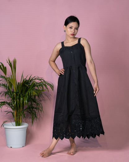 Midnight Charm Crochet-Trim Maxi Dress