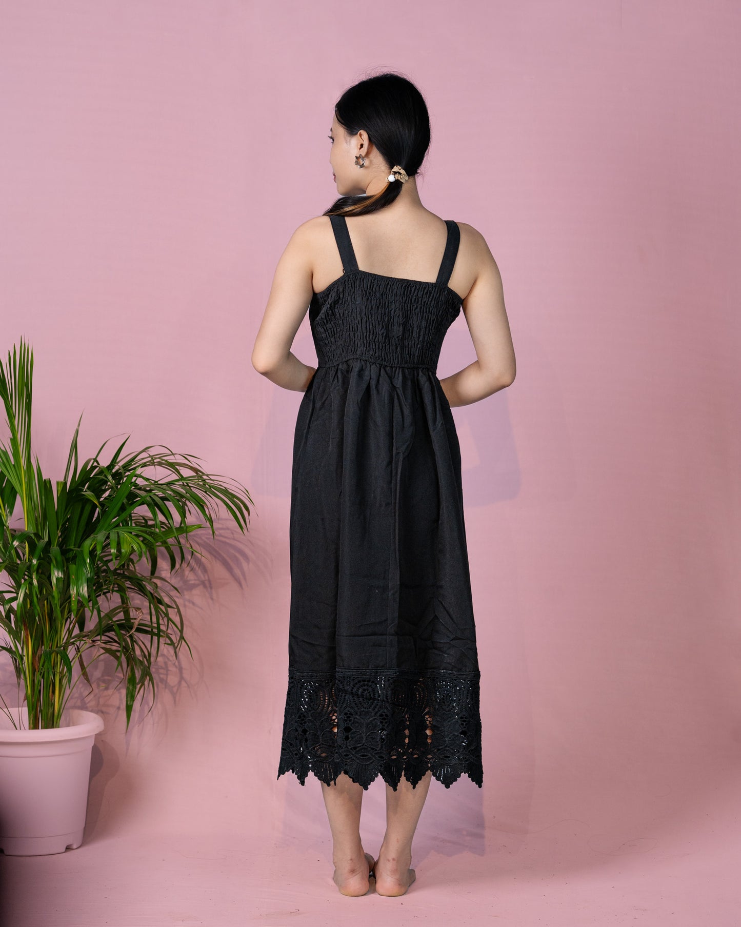 Midnight Charm Crochet-Trim Maxi Dress