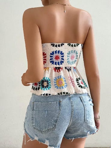 Boho Geometric Knitted Strapless Ruffle Tube Top