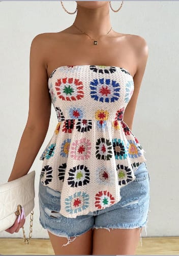 Boho Geometric Knitted Strapless Ruffle Tube Top