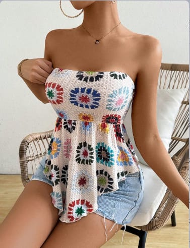 Boho Geometric Knitted Strapless Ruffle Tube Top